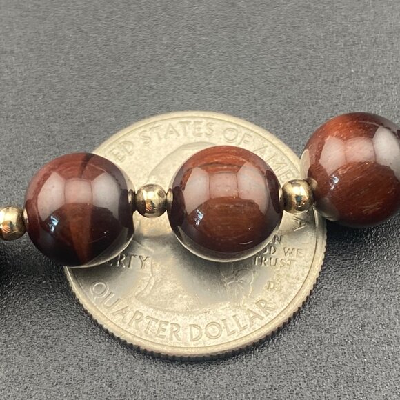 Vtg 9K Solid Gold Ball & 10mm Tigers Eye Beaded Necklace 18" - Lots of Gold - Picture 14 of 15